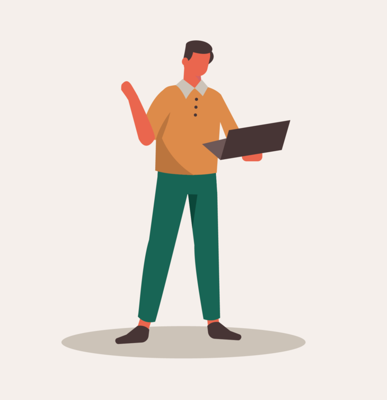 Illustration eines Mannes mit Laptop im Arbeitsalltag – digitales Arbeiten, hybride Arbeitswelt, Stressmanagement und moderne Selbstorganisation